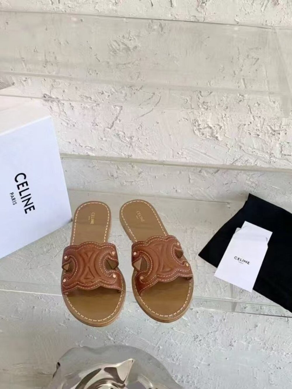 Celine Tan Triomphe Leather Flat Slides